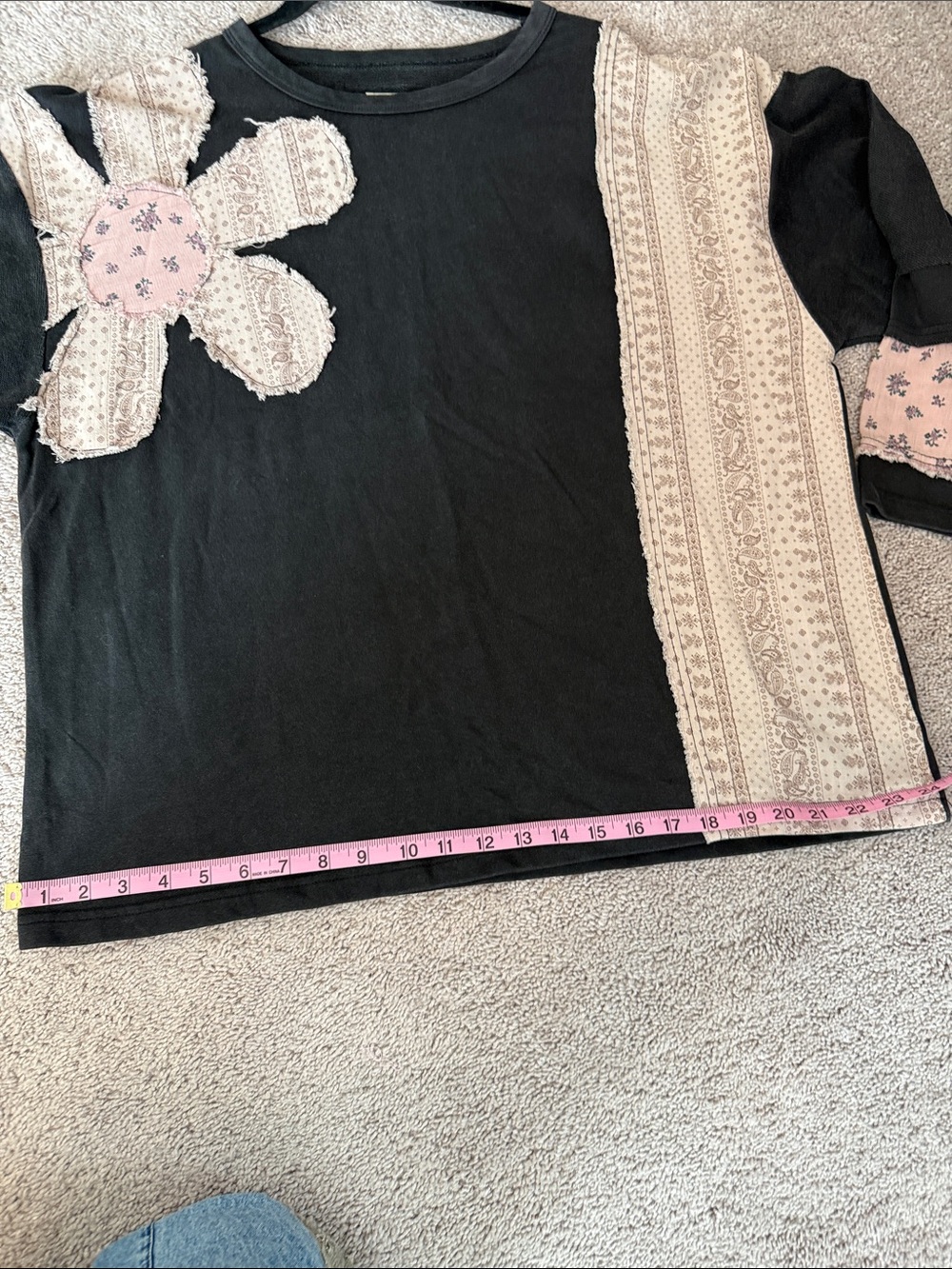 Umgee Mineral Washed Black Sweatshirt with Pink Floral Patchwork - Picture 14 of 16